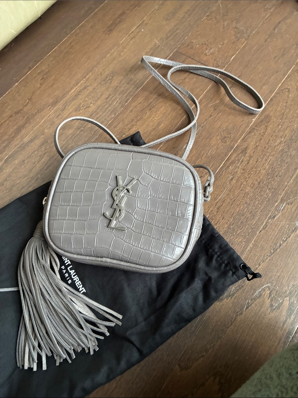 Saint Laurent Grey Croc-Embossed Camera Lou Crossbody